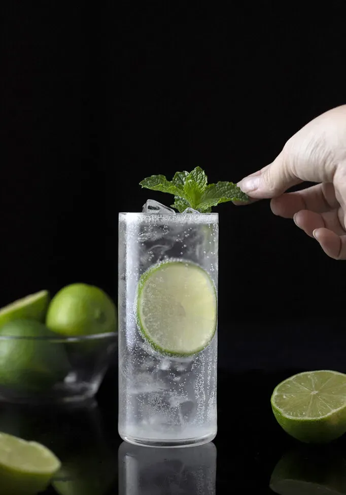 bebida espumante alta e transparente em um copo alto com raminho de hortelã.' loading='lazy' title=