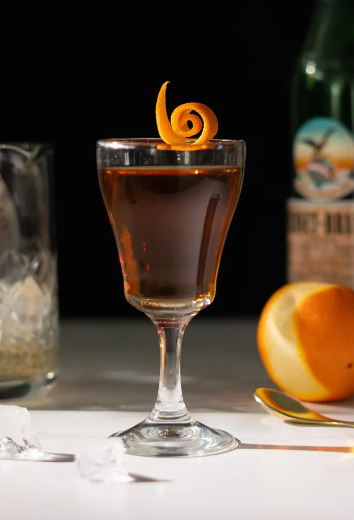 오렌지색과 페르넷 브랑카(Fernet Branca) 병 옆에 오렌지색 트위스트가 가미된 ​​작은 갈색 칵테일입니다.' loading='lazy' title=