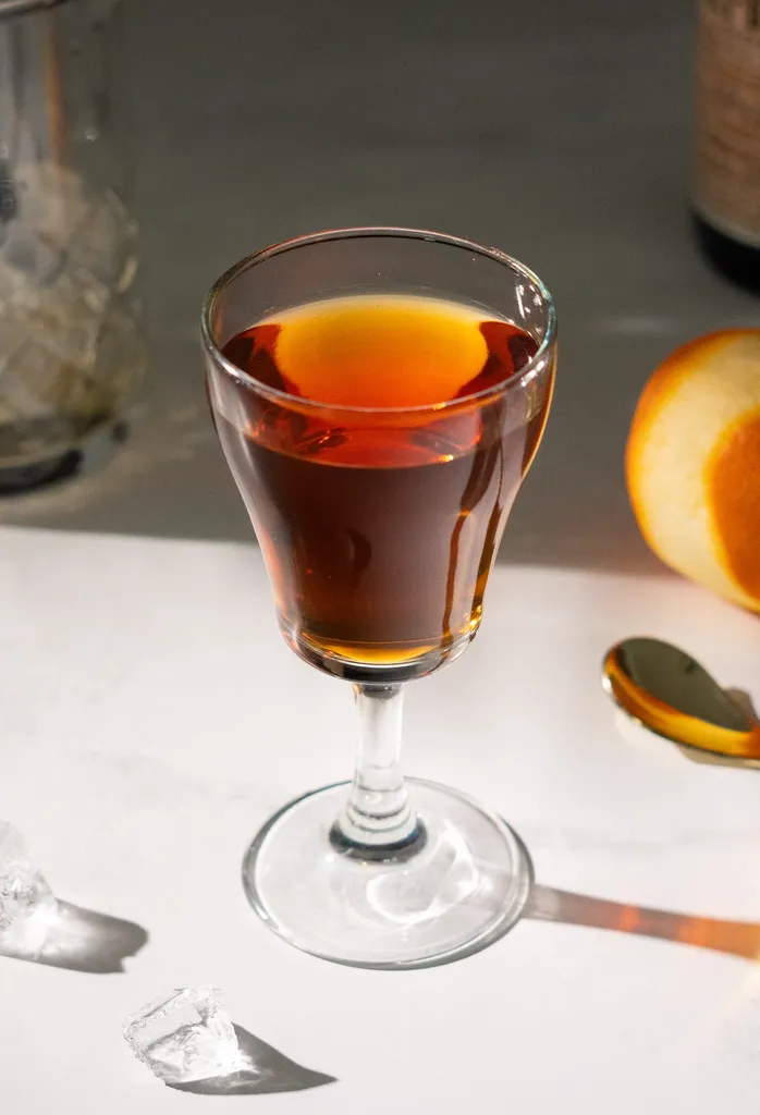 오렌지와 얼음 조각 옆에 황금빛 갈색 액체로 채워진 작은 칵테일 잔.' loading='lazy' title=