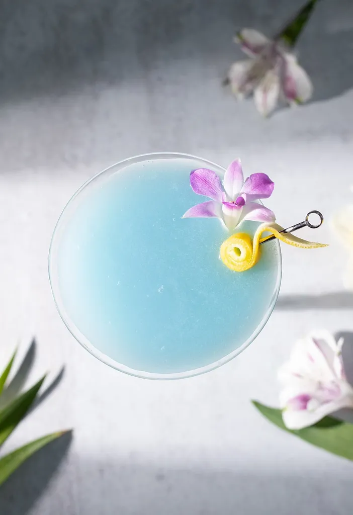 primo piano di una bevanda blu pallido con orchidea rosa e contorno di riccioli di scorza di limone.' loading='lazy' title=
