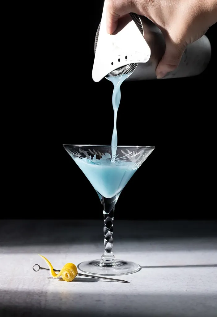 filtrando un cocktail azzurro in una coppetta martini.' loading='lazy' title=