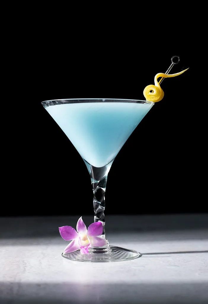 bevanda celeste in un bicchiere da martini con un tocco di limone su uno sfondo nero.' title=