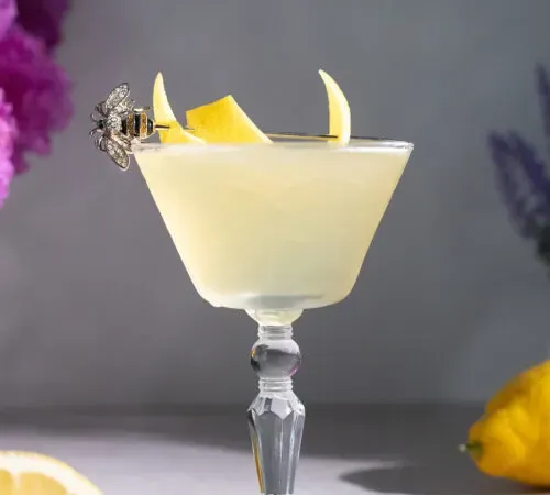žltý kokteil s citrónovou kôrou na ozdobený kokteilový výber včiel medonosných.' title=