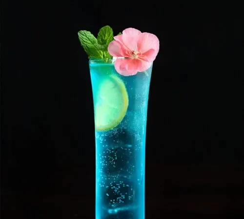 ミントとピンクの花が入った背の高い青いカクテル。' title=