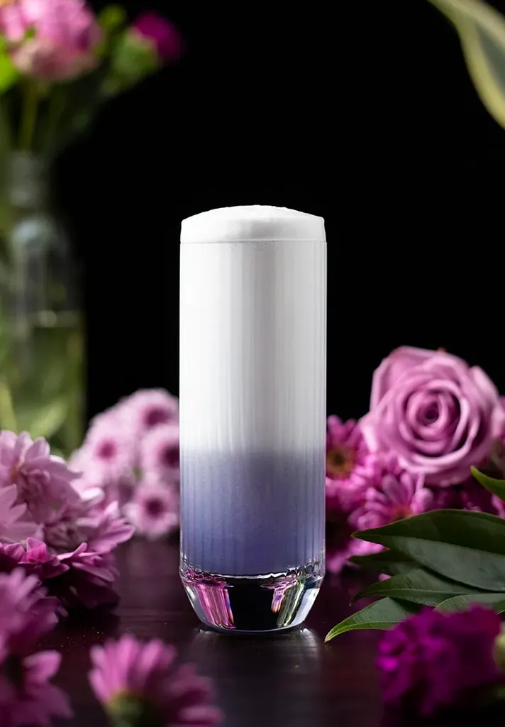 Vaso alto con líquido violeta cubierto con una gruesa capa de espuma blanca junto a flores rosas.' loading='lazy' title=
