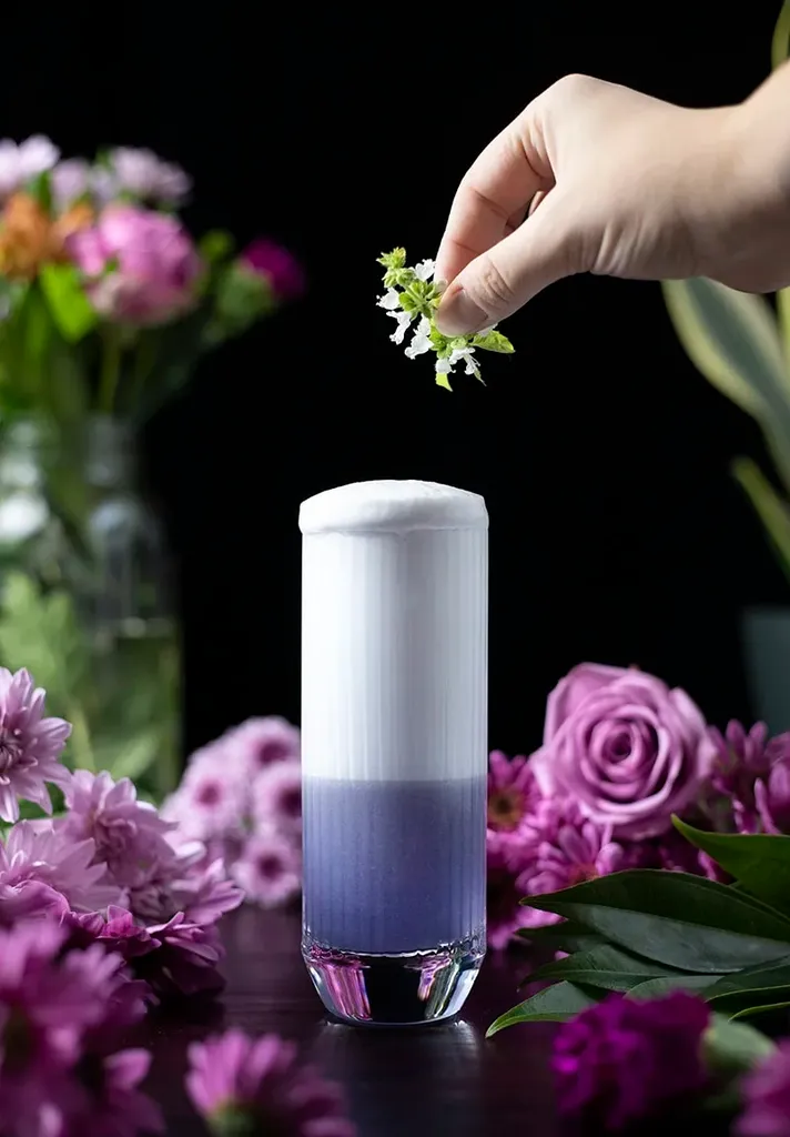 una mano colocando una pequeña flor de albahaca blanca encima del cóctel.' title=