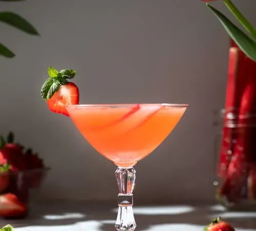 튤립 옆 테두리에 딸기가 있는 옅은 핑크 오렌지 칵테일입니다.' title=