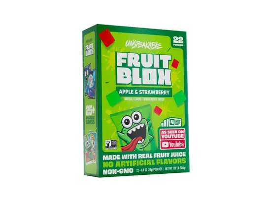 green box of fruit snacks on a white background