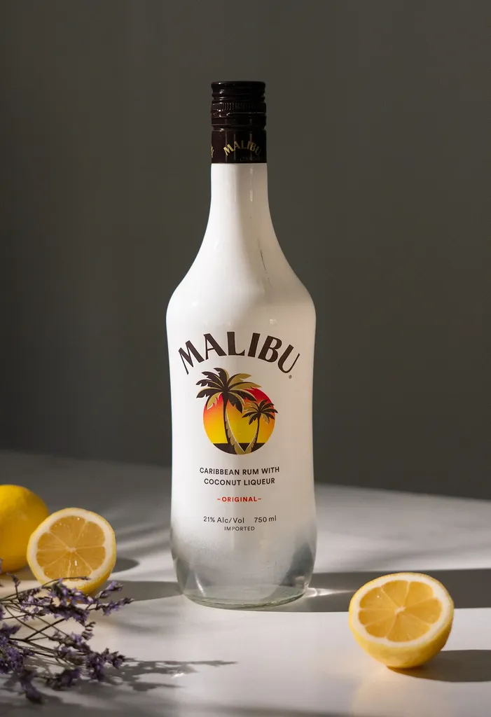 wysoka biała butelka karaibskiego rumu kokosowego Malibu obok cytryn.' loading='lazy' title=
