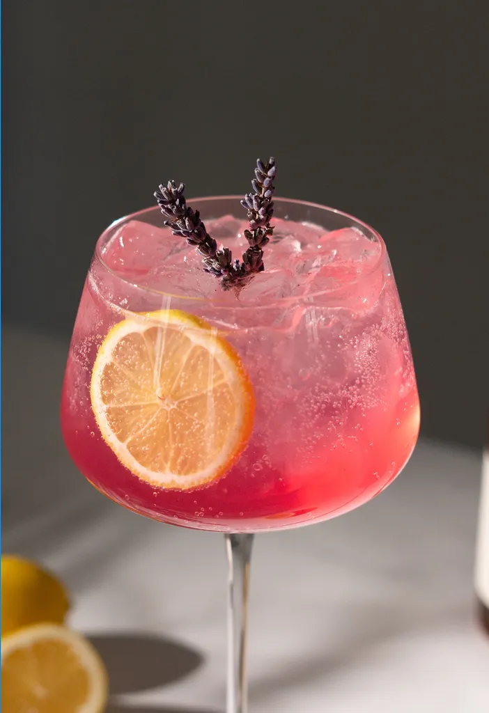 zbliżenie różowego napoju musującego w szklance na nóżce z dwiema gałązkami lawendy.' title=