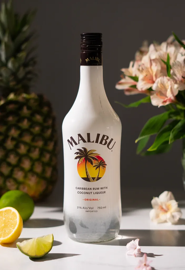パイナップルと柑橘類の隣にマリブ カリビアン ラムの白いボトル。' loading='lazy' title=