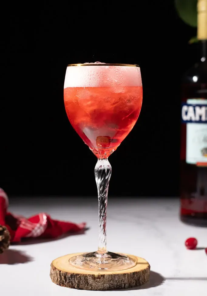 bicchiere di vino riempito con liquido rosso schiumoso e ghiaccio accanto a una bottiglia di Campari.' title=