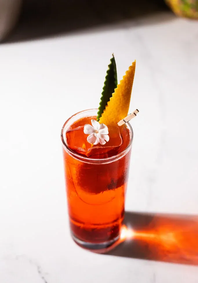 작은 흰색 식용 꽃이 있는 밝은 빨간색 음료의 머리 위 전망.' title=