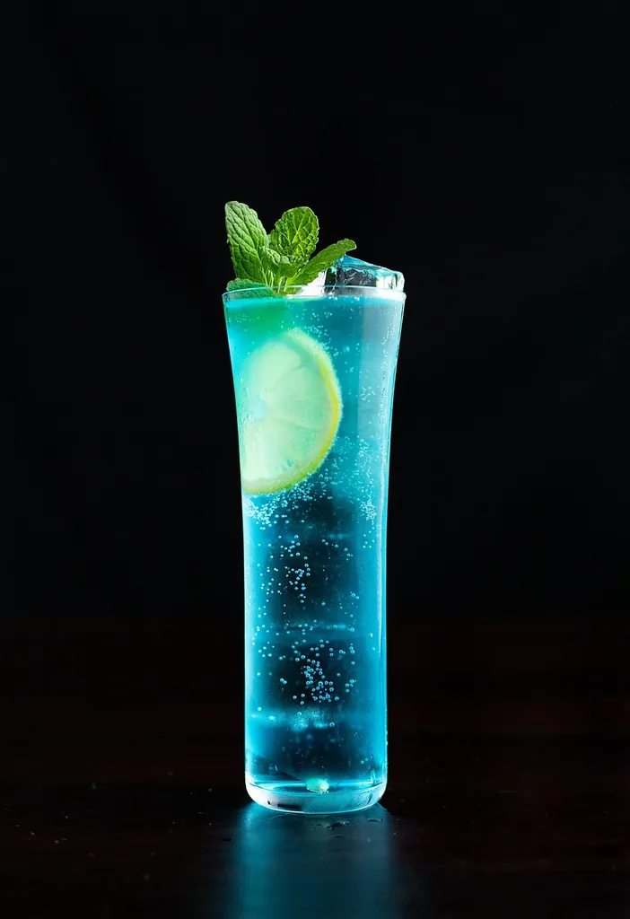 Niebieski koktajl przyozdobiony miętą.' title=