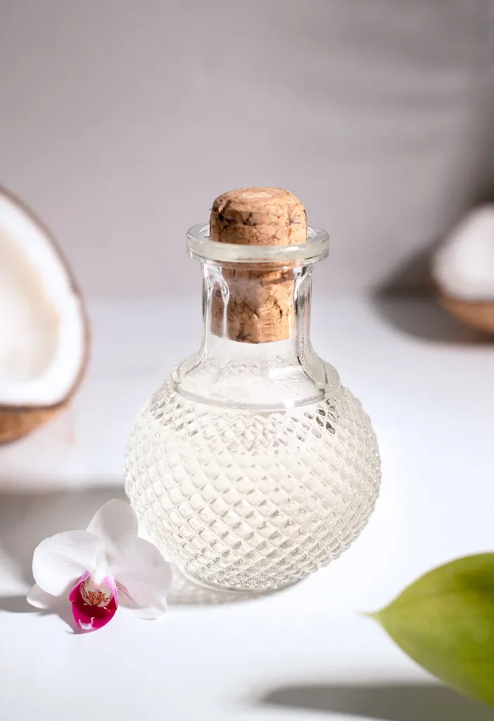 Eine Vintage-Klarglasflasche voller Kokossirup mit einer Orchidee und Kokosnussstücken.' loading='lazy' title=