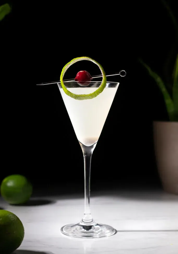 Ein Martini-Glas, gefüllt mit einem weißen Getränk und garniert mit aufgespießten Preiselbeeren und Limettenschale.' loading='lazy' title=