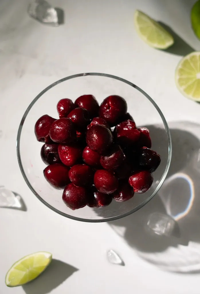 קערת זכוכית קטנה של דובדבנים אדומים כהים מוקפת חתיכות ליים.' loading='lazy' title=