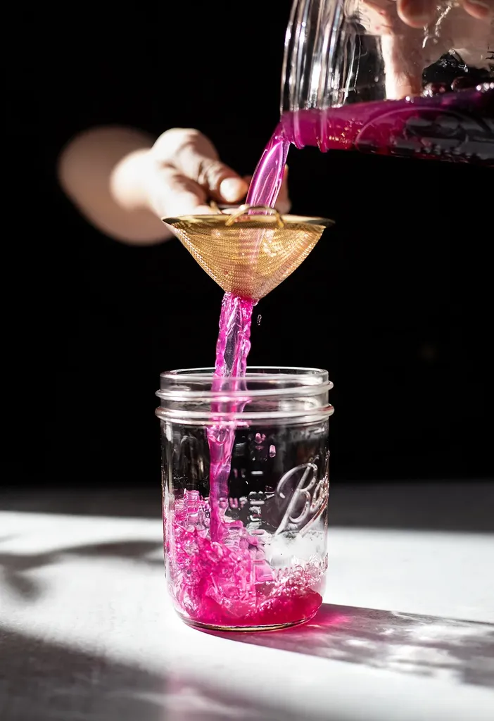 נוזל ורוד נשפך דרך מסננת רשת דקה לתוך צנצנת מייסון' title=