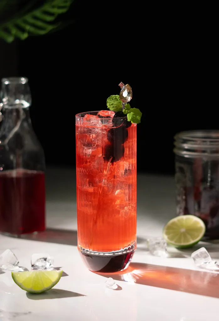 משקה אדום בכוס גבוהה לצד ליים פרוס.' title=