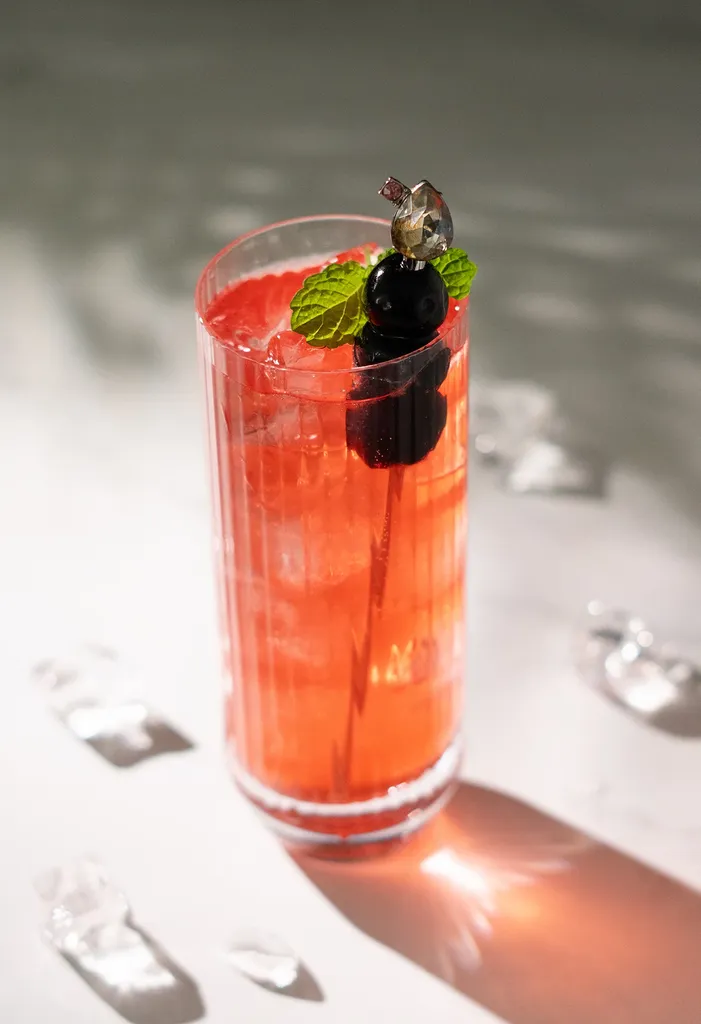 כוס גבוהה במילוי נוזל אדום ושלושה דובדבנים על שיפוד ארוך עם ענף נענע קטן.' title=