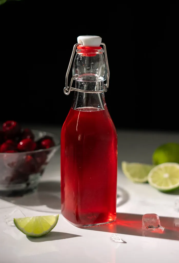 בקבוק נדנדה מלא בנוזל אדום לצד חתיכות ליים וקערת דובדבנים.' title=