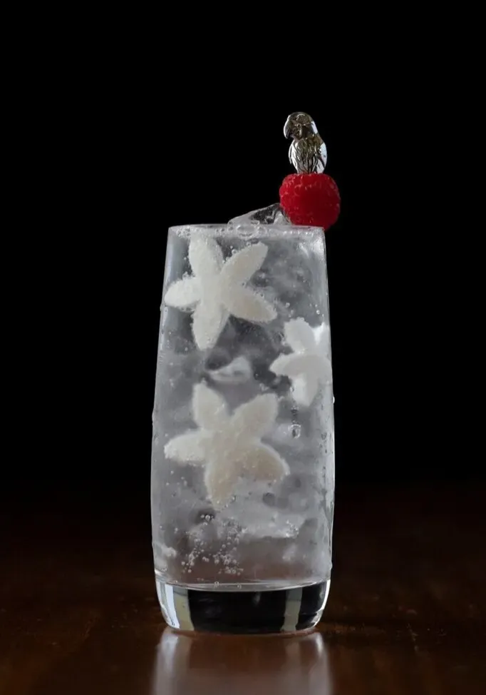 un vaso alto lleno de líquido burbujeante transparente y recortes de estrellas de coco blanco.' loading='lazy' title=