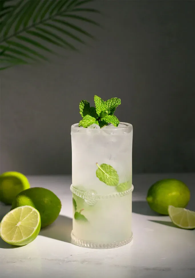 un vaso alto lleno de líquido burbujeante transparente y hojas de menta.' title=