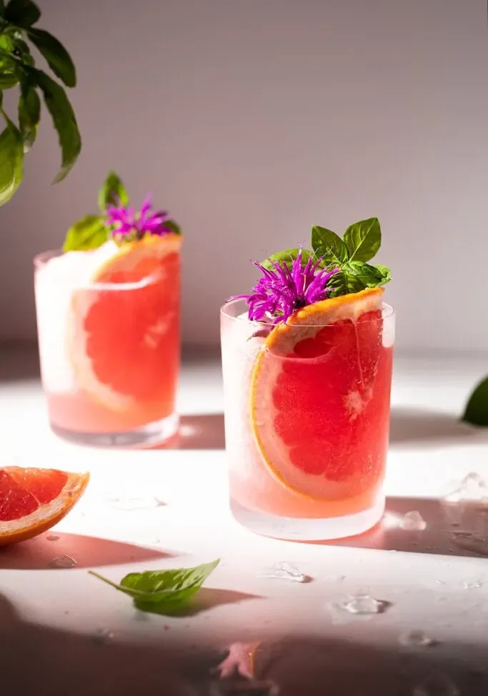 dos vasos con rodajas de pomelo, flores rosadas y hojas de albahaca.' title=