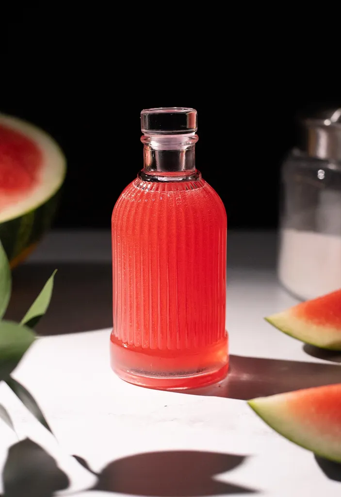 bottiglia di vetro di liquido rosso-rosa brillante accanto alle fette di anguria e al contenitore dello zucchero.' loading='lazy' title=