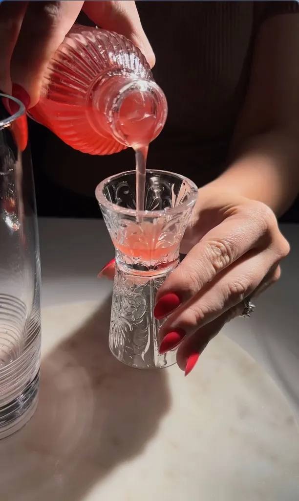 versando lo sciroppo di colore rosa-rosso brillante da una bottiglia di vetro in un jigger di vetro.' title=