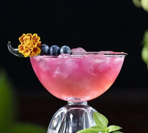 bebida rosa em um copo cupê com mirtilos' title=