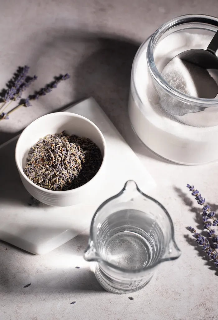 miska suszonej lawendy z miską cukru i szklanką wody.' loading='lazy' title=