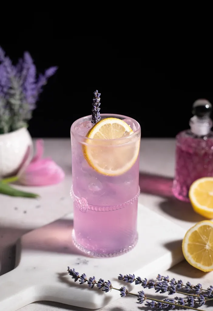 jasnofioletowy napój w szklance typu highball obok cytryn i butelki fioletowego syropu.' title=