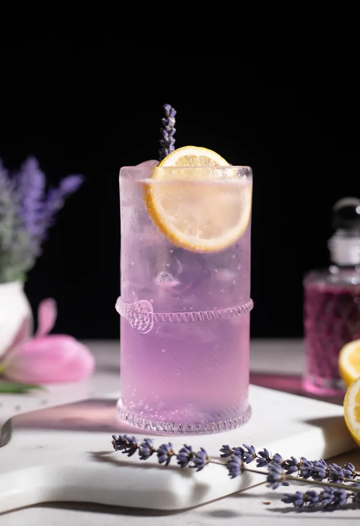 jasnofioletowy napój w szklance typu highball obok lawendy.' title=