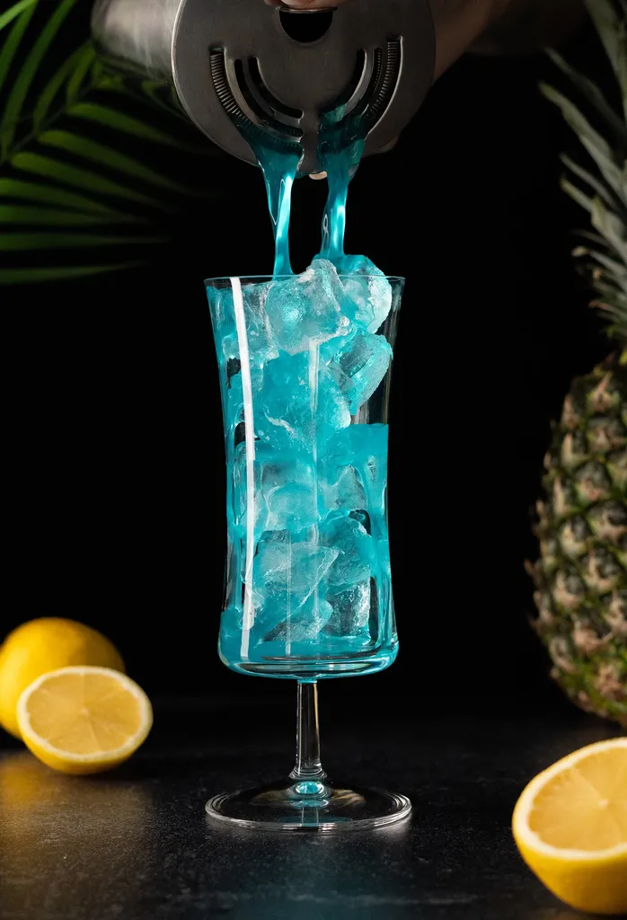 filtrare il liquido blu dallo shaker in un bicchiere da uragano pieno di ghiaccio.' loading='lazy' title=