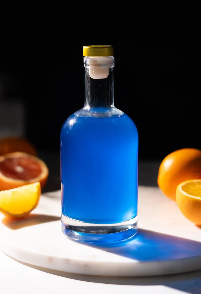 bottiglia di vetro riempita con liquido blu brillante accanto ad arance affettate.' loading='lazy' title=
