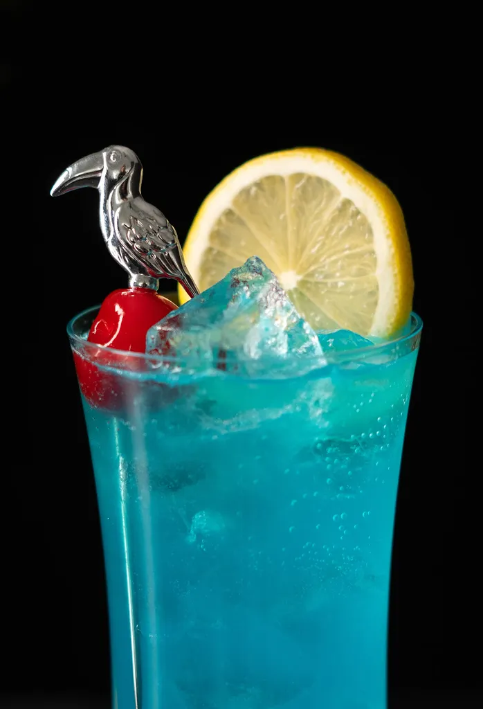 primo piano della ruota di limone e del cocktail di ciliegie guarniti su un cocktail di uccelli.' title=