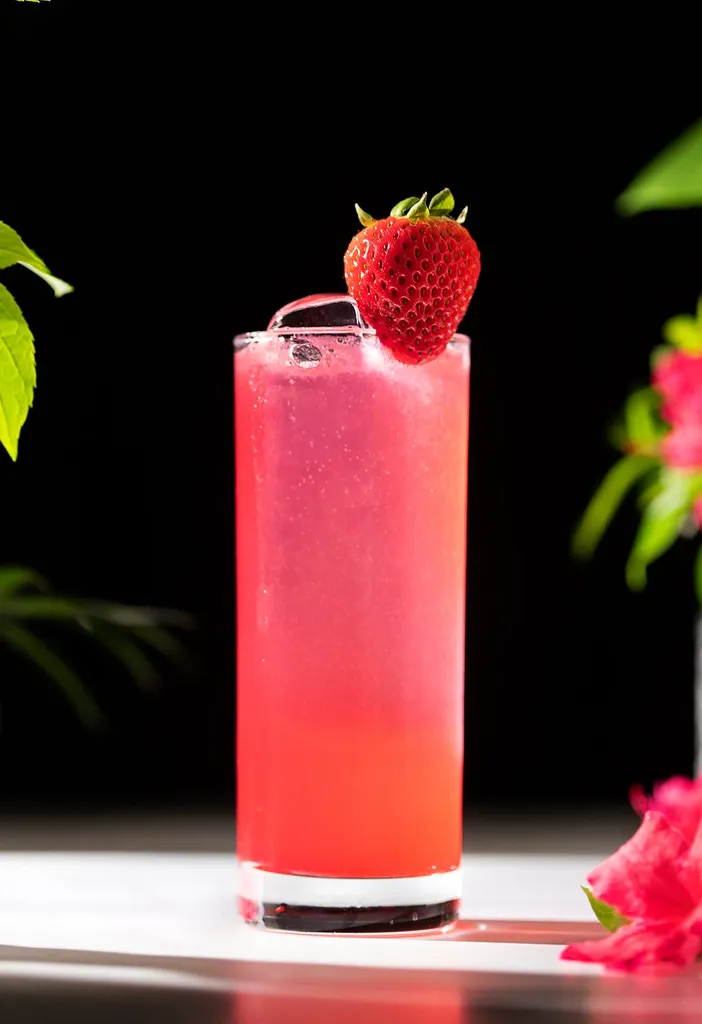 jasnoróżowy napój w wysokiej szklance na czarnym tle.' title=