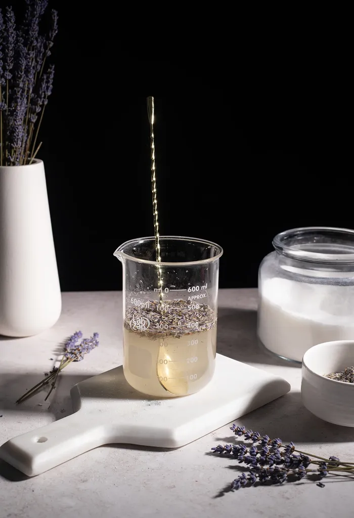 copo de vidro com botões de lavanda em calda e uma colher longa.' title=