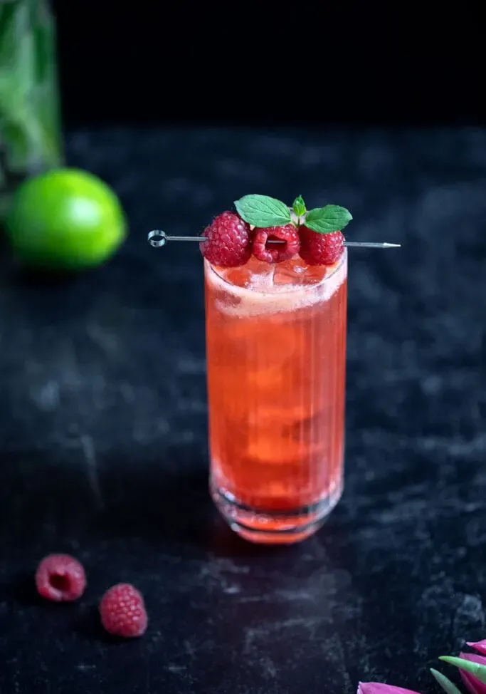 rotes Getränk in einem hohen Glas mit Himbeeren' title=
