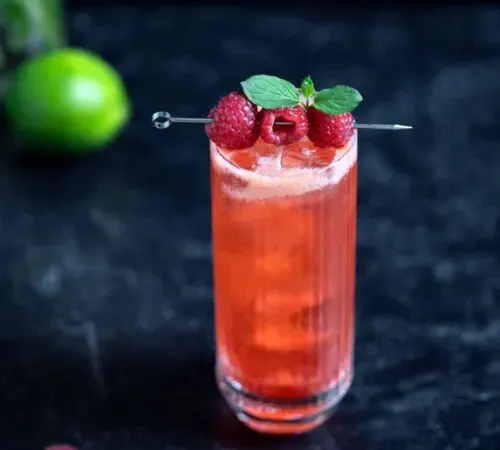 rotes Getränk in einem hohen Glas mit Himbeeren' title=