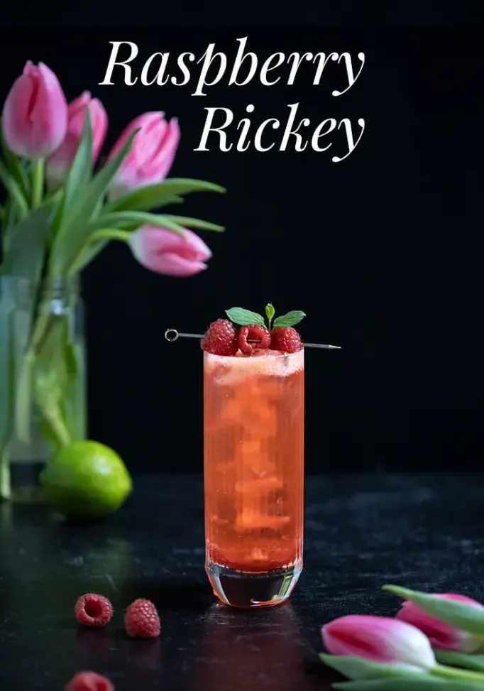 Rotes Getränk in einem Highball-Glas auf einem schwarzen Marmortisch mit rosa Tulpen' title=
