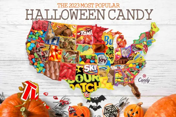 Infokarte der beliebtesten Halloween-Süßigkeiten 2023