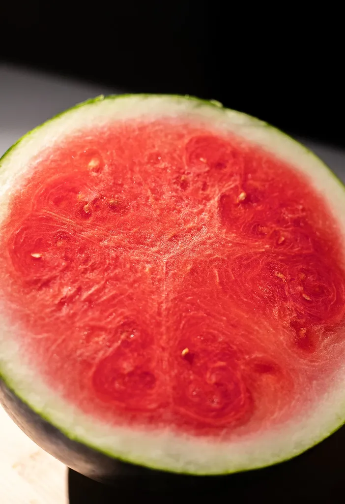 zbliżenie wnętrza jaskrawoczerwonego arbuza bez pestek.' title=