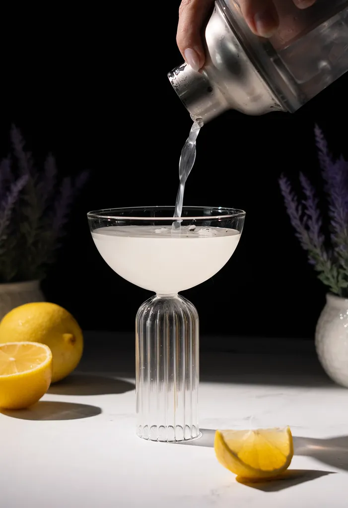 verser un cocktail pâle du shaker dans un verre coupé à côté des citrons.' loading='lazy' title=