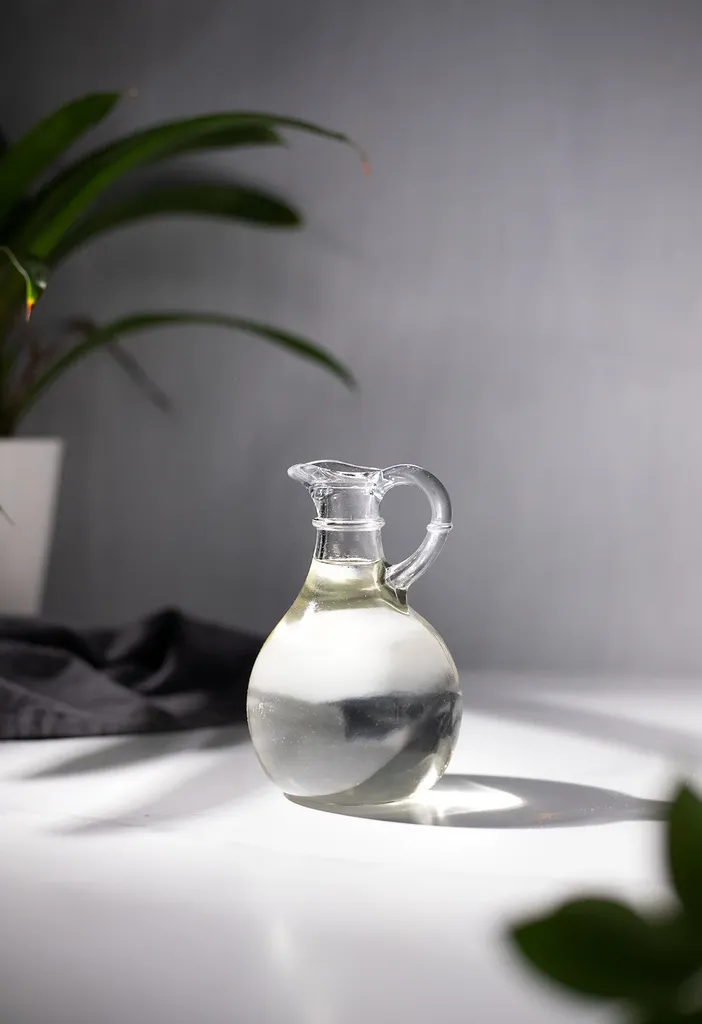 un petit pichet en verre rempli de liquide clair.' title=