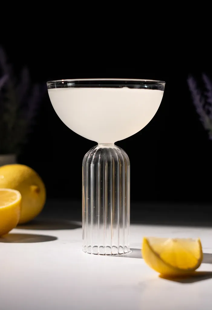 liquide pâle dans un verre à cocktail fantaisie avec une grande tige nervurée.' title=