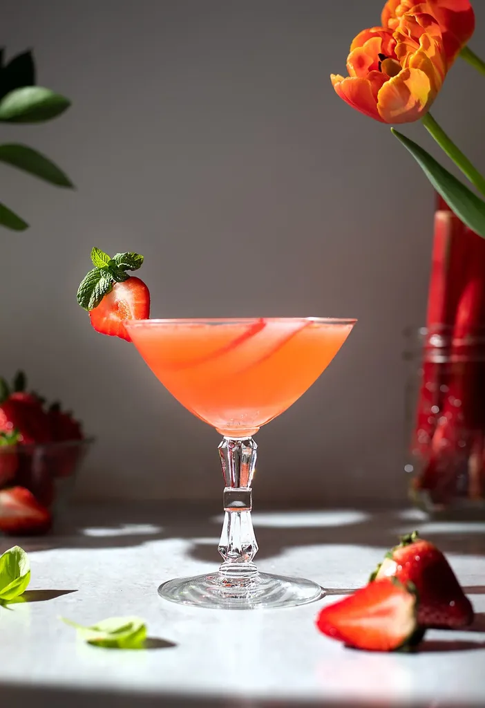 cocktail rose-orange pâle avec une fraise sur le bord à côté de tulipes.' title=