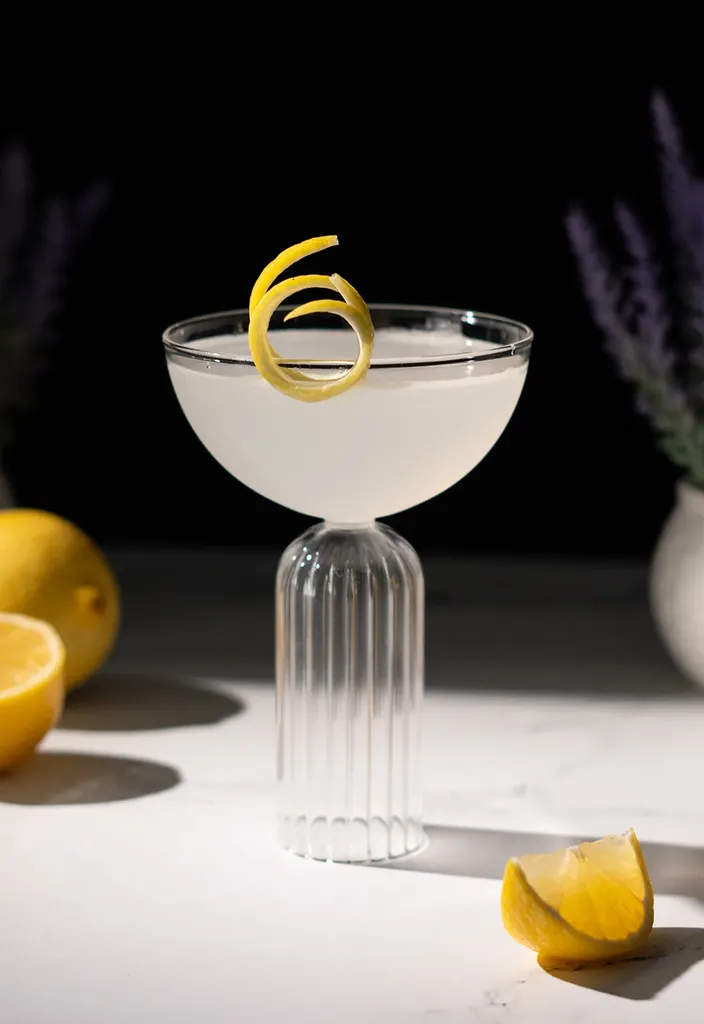 liquide de couleur pâle dans un verre à cocktail à côté des citrons.' title=