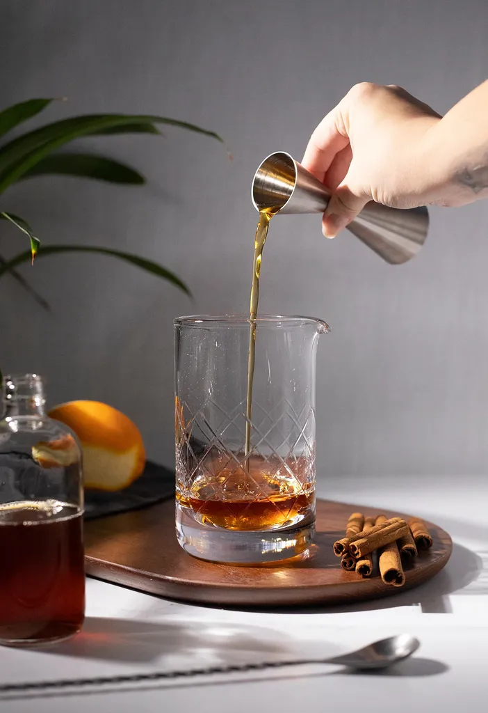 versare lo sciroppo semplice speziato da un jigger in un mixing glass.' loading='lazy' title=